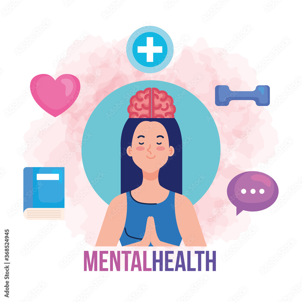 mental health concept, and woman meditating with health icons vector illustration design mental health concept, and woman meditating with health icons vector illustration design