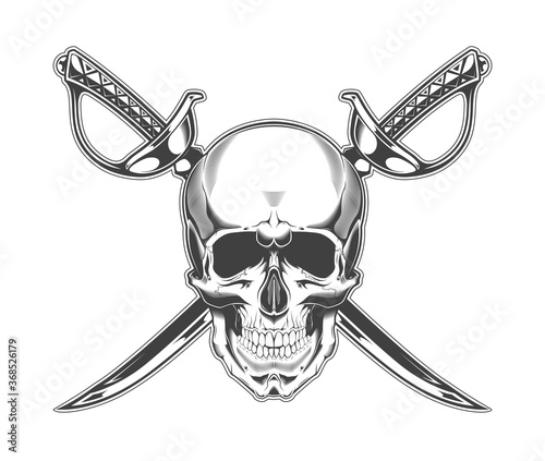 Vintage monochrome skull and crossed sabers illustration. Isolated vector template