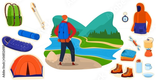 Outdoor tourism adventure vector illustration. Cartoon flat tourist hiker backpacker character hiking, traveling in summer river landscape, backpacking gear travel store collection isolated on white