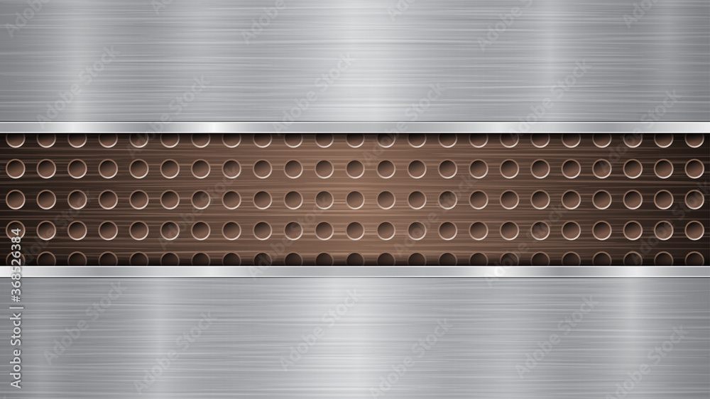 Background of bronze perforated metallic surface with holes and two horizontal silver polished plates with a metal texture, glares and shiny edges