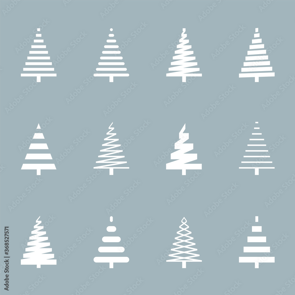 Vector Set of White Silhouettes of Pine Trees on grey background