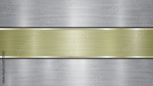 Background consisting of a silver shiny metallic surface and one horizontal polished golden plate located centrally, with a metal texture, glares and burnished edges