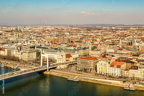 Erzsebet Suspension Bridge (Elizabeth) connects the Buda and Pest banks through the Danube. Panormany view of the Buda beach