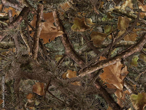 Realistic forest camouflage. Seamless pattern. Conifer and oak branches and leaves. Useable for hunting and military purposes.       photo
