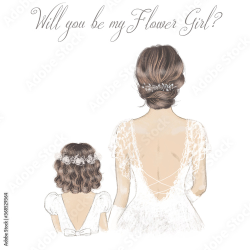 Bride and Flower Girl hand drawn illustration. Wedding card, invitation.