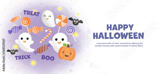 Happy Halloween banner with cute ghost and candy in water color style.