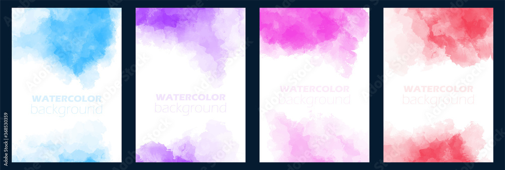 Fototapeta Collection of abstract watercolor backgrounds in various colors on white paper. Vector illustration with wet graphics. Blots, splash and stain. Template with free copy space for text. Save the date.
