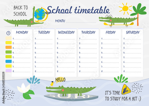 School timetable with funny crocodiles, weekly classes schedule on blackboard in cartoon style