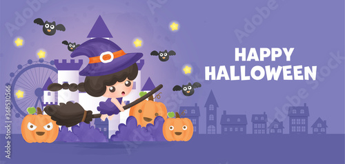 Happy Halloween banner with cute witch.