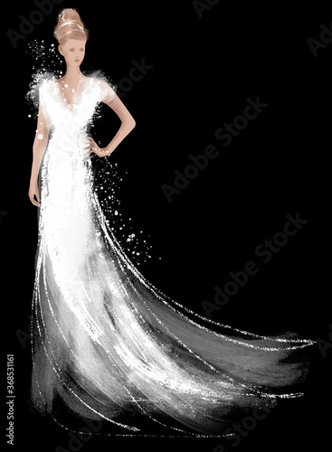 hand drawing illustration, woman wearing an elegant retro evening or wedding dress, white chalk on black blackground, set icon (ID: 368531161)