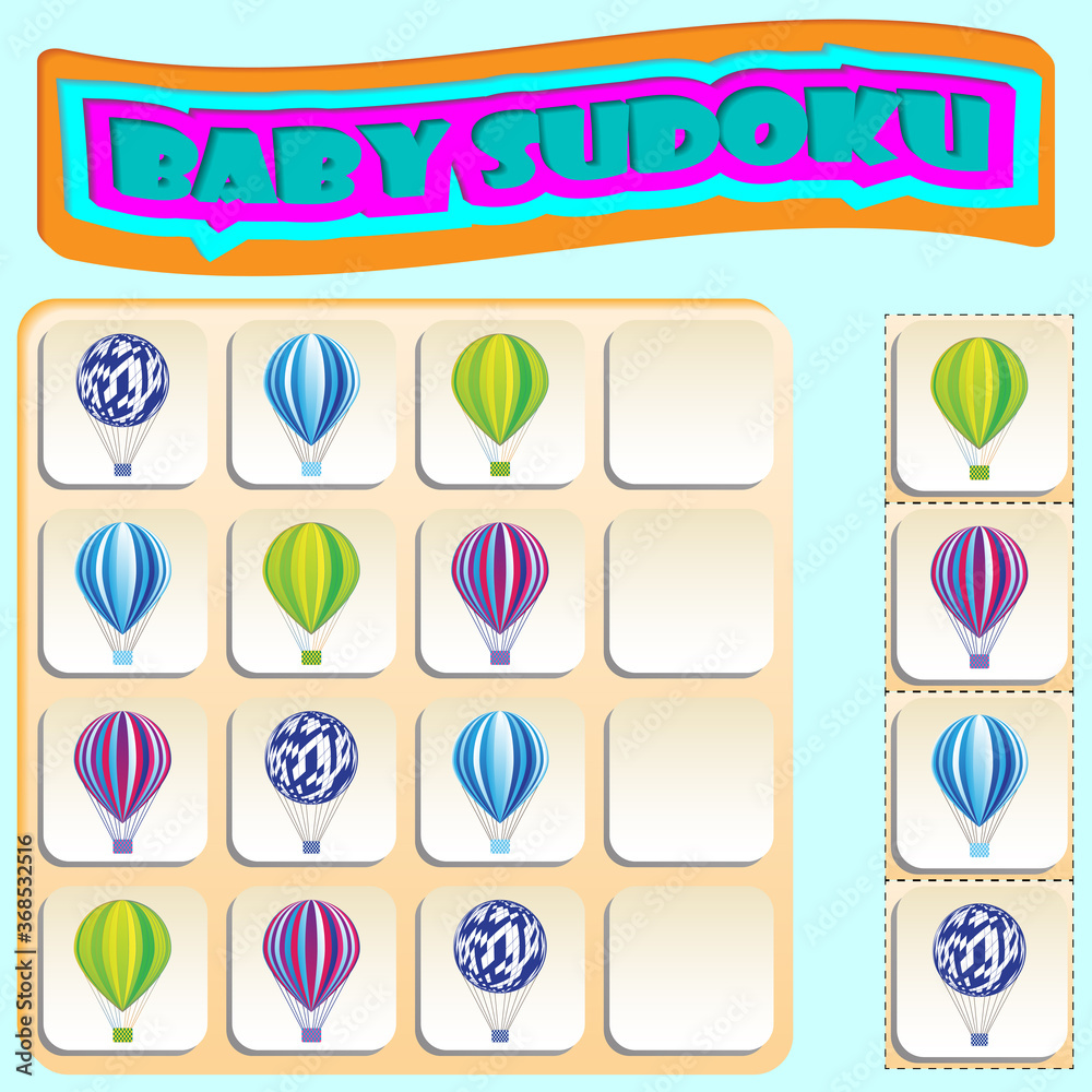 Baby Sudoku with colorful Balloons. Game for preschool kids