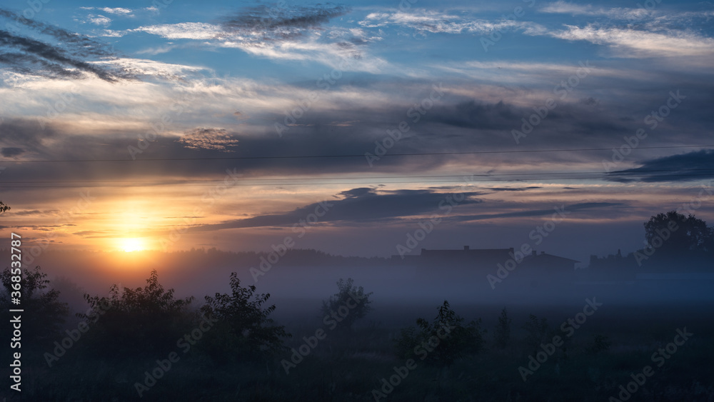 sunrise over the countryside, mist, fog, blue sky, landscape,  Poland, Europe