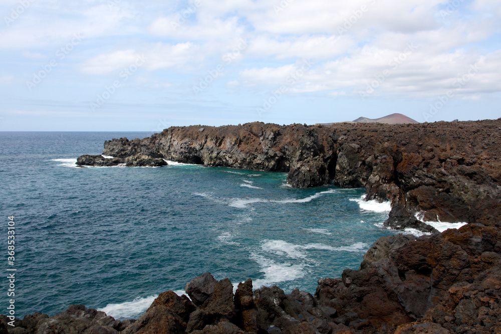 Rough seas and volcanic lava fields, Lanzarote, Canary Islands