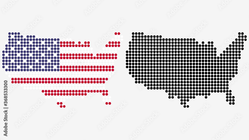 Map of the USA, in dotted style. One version includes the flag, the other is simply black. Vector Graphic.	