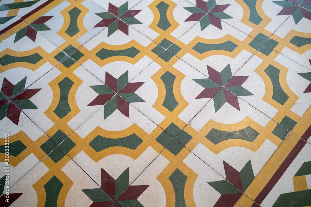 Retro old vintage floor tiles. Portuguese House Marocain style traditional interior hydraulic ceramic mosaic flooring. 