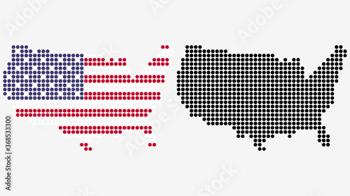 Map of the USA, in dotted style. One version includes the flag, the other is simply black. Vector Graphic.	