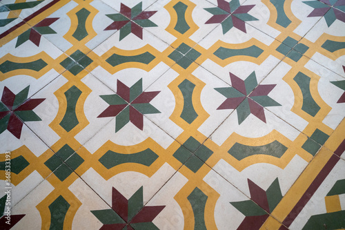 Retro old vintage floor tiles. Portuguese House Marocain style traditional interior hydraulic ceramic mosaic flooring. 