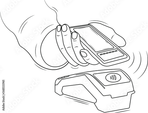 hand drawn sketch doodle vector illustration contactless payment online wallet credit card apple pay by iphone mobile application electronic money blue terminal cash in the office