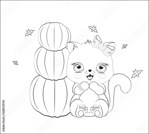 black Halloween cat girl and pumpkin Coloring book