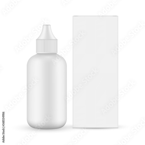 Plastic unicorn dropper bottle with cardboard box mockup, front view, isolated on white background. Vector illustration