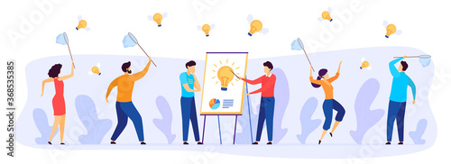 People catch business idea vector illustration. Cartoon flat businessman team characters with butterfly nets catching fast flying winged light bulbs, teamwork in starting new project isolated on white