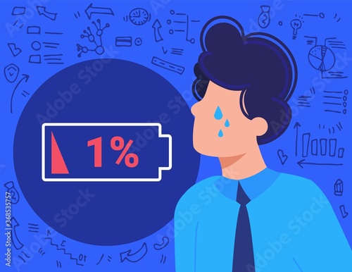 Burnout overwork business people flat vector illustration. Cartoon frustrated employee businessman overworked in stress, headache and emotional crisis burnout, low energy battery concept background