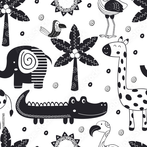 monochrome seamless pattern with jungle animals in Scandinavian style
-  vector illustration, eps