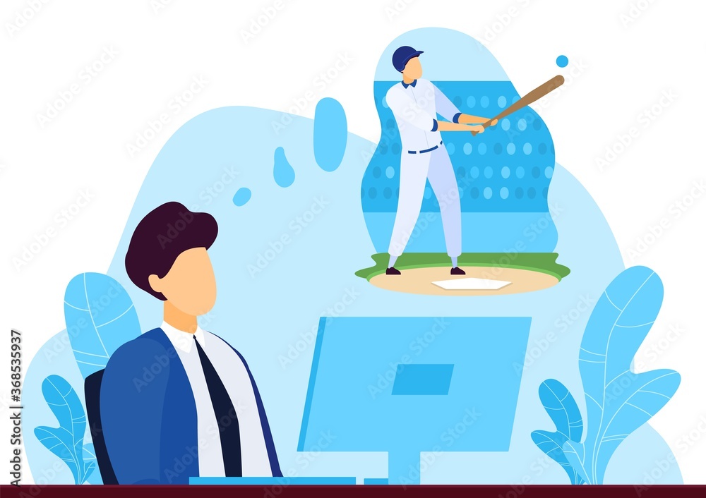 Business people dream concept flat vector illustration. Cartoon businessman character sitting at office computer workplace, dreaming about playing golf game, sport leisure activity isolated on white