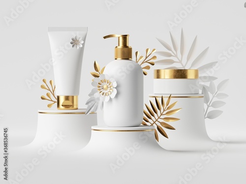 3d render, set of blank cosmetic bottles with golden caps isolated on white background, decorated with tropical palm leaves and flowers. Skin care products collection. Premium package mockup