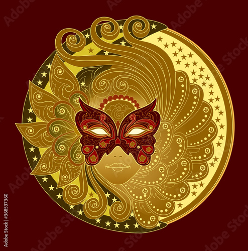 Medallion with fantasy fairy head in Venetian carnival mask. Gold coin with woman's portrait. Fashionable print for logo, clothes, fabric, background and embroidery. Poster for night party.