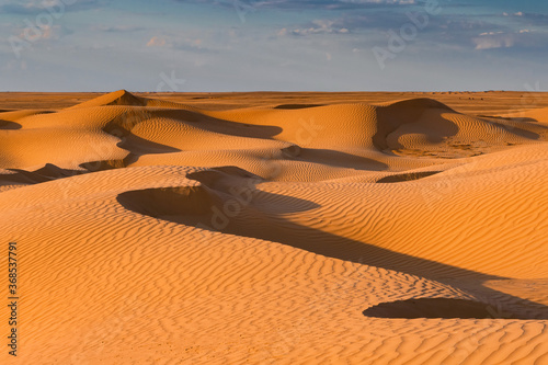 Picturesque desert landscape with dunes and dramatic sky