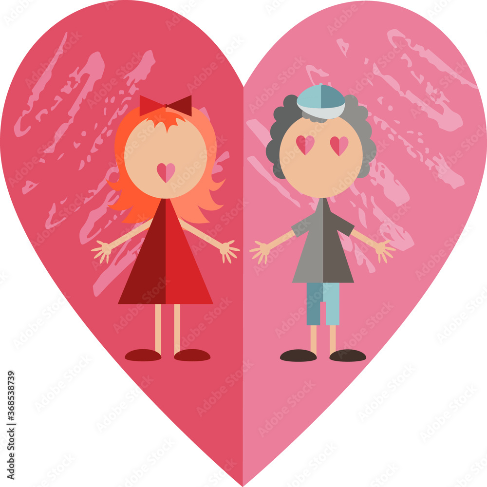 Boys and girls funny vector illustration with a shadow on a pink heart for a postcard. Boys and girls funny vector illustration with a shadow on a pink heart for a postcard.