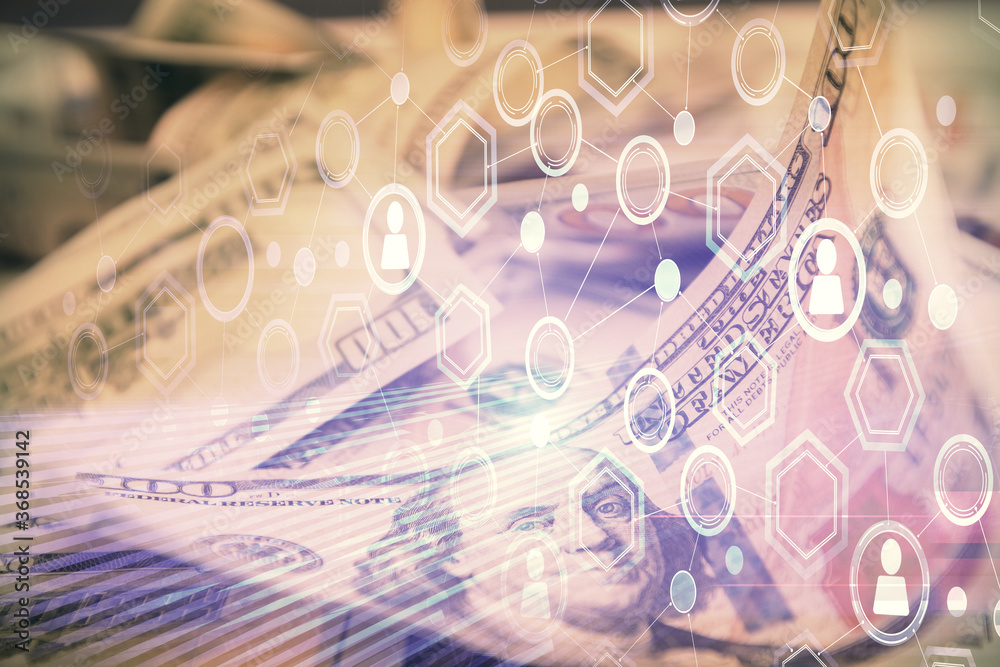 Multi exposure of social network drawing over us dollars bill background. Concept of people connection. Multi exposure of social network drawing over us dollars bill background. Concept of people connection.