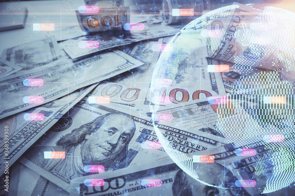 Double exposure of world map drawing over us dollars bill background. International concept. Double exposure of world map drawing over us dollars bill background. International concept.
