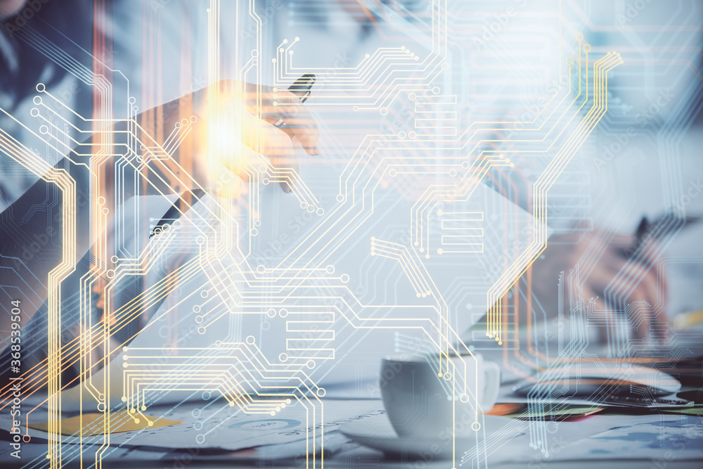 Double exposure of map drawing over people taking notes background. Concept of international connection