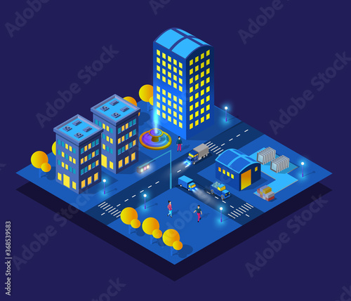 Smart city night neon ultraviolet set of buildings houses