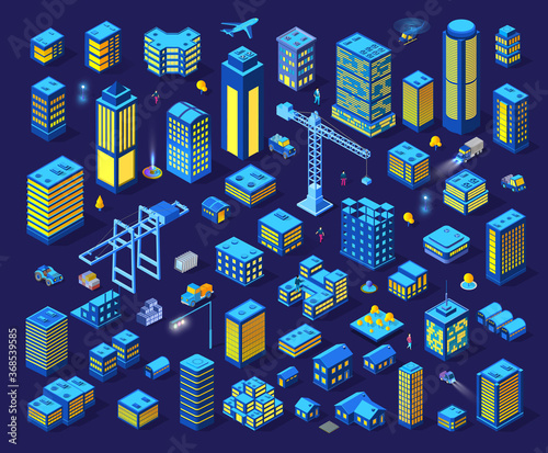 Set of city night neon ultraviolet set of isometric buildings