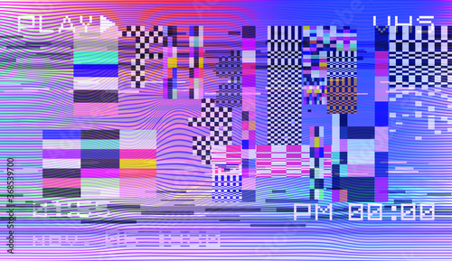 Abstract background with pixel noise artifacts. Glitched old-school screen with digital datamoshing VHS effect, an old analog video recording on tape cassette.