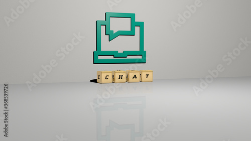 3D representation of CHAT with icon on the wall and text arranged by metallic cubic letters on a mirror floor for concept meaning and slideshow presentation. illustration and communication photo