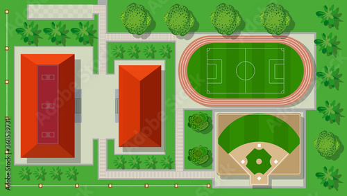 The top view from above is a map of the city with town infrastructure