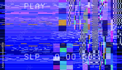 Abstract background with pixel noise artifacts. Glitched old-school screen with digital datamoshing VHS effect, an old analog video recording on tape cassette.