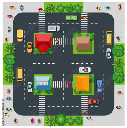 The top view from above is a map of the city with town infrastructure