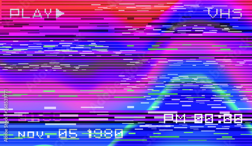 Abstract background with pixel noise artifacts. Glitched old-school screen with digital datamoshing VHS effect, an old analog video recording on tape cassette.