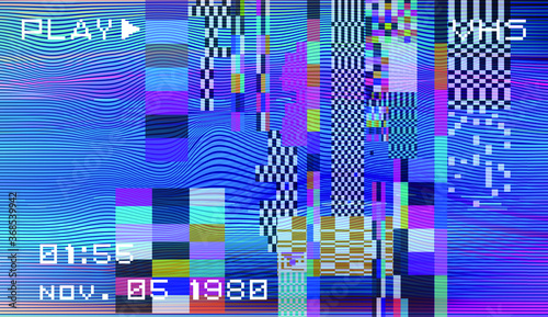 Abstract background with pixel noise artifacts. Glitched old-school screen with digital datamoshing VHS effect, an old analog video recording on tape cassette.