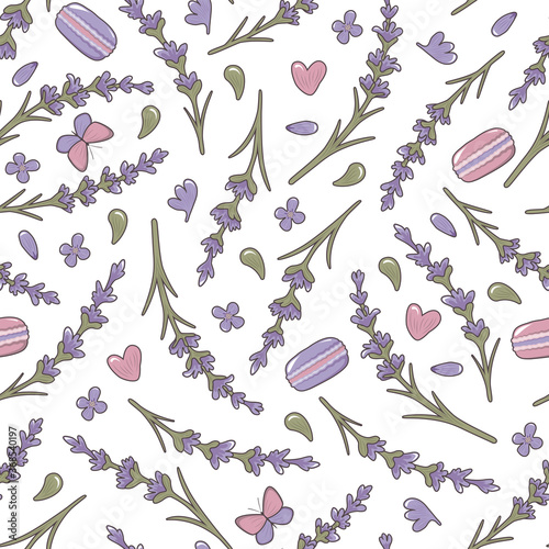 Seamless pattern with lavender flowers, herbs, macaroons and butterfly. Vector illustraion.