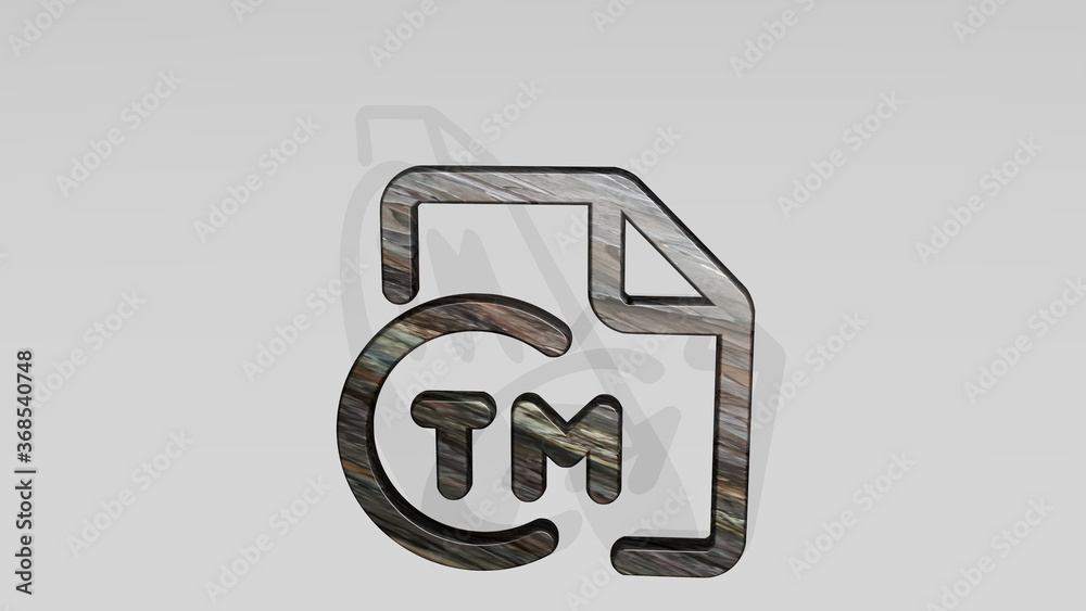 FILE COPYRIGHT TM made by 3D illustration of a shiny metallic sculpture casting shadow on light background. icon and business FILE COPYRIGHT TM made by 3D illustration of a shiny metallic sculpture casting shadow on light background. icon and business