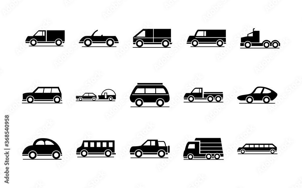 car model trailer bus truck transport vehicle silhouette style icons set design