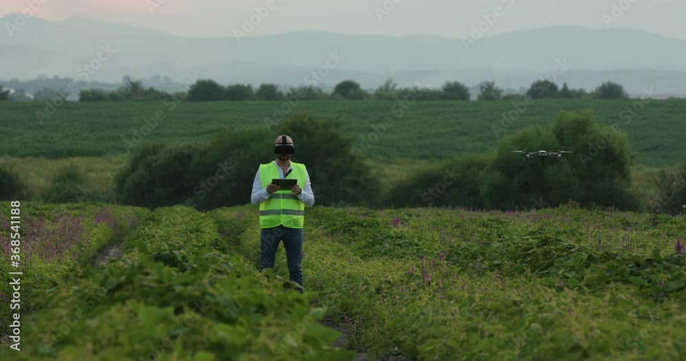 Farm specialist engineer using technology VR monitoring drone harvest working for agriculture productivity at large wheat field. Farm specialist engineer using technology VR monitoring drone harvest working for agriculture productivity at large wheat field.