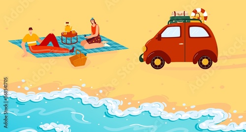 People on summer beach camp picnic vector illustration. Cartoon flat happy man woman camper traveler characters eating picnic food near travel car trailer, summertime beach vacation background