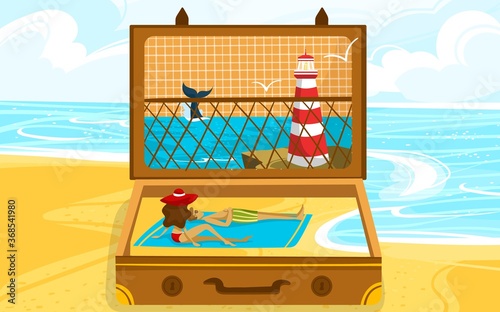 Open vacation suitcase travel concept vector illustration. Cartoon flat beach landscape with relaxing vacationer traveler couple people, lighthouse and sea waves, creative seascape inside suit case